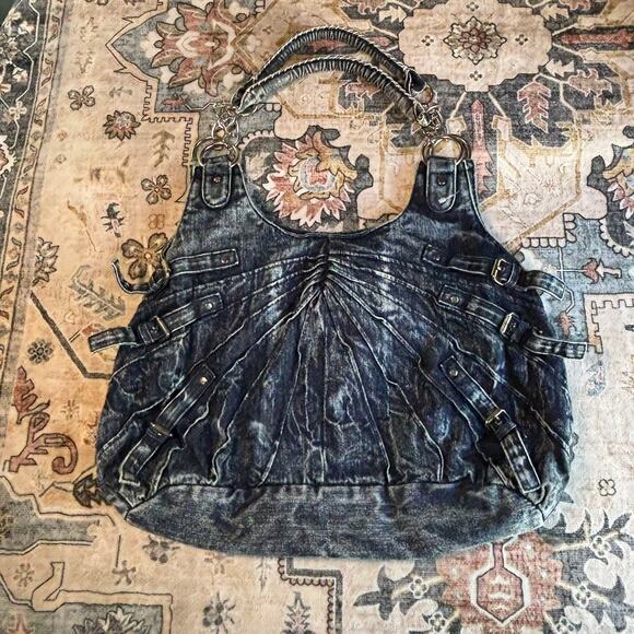 Y2k Rocker Acid Wash Large Tote Purse Punk Biker Early 2000s Affliction Style - Picture 1 of 9